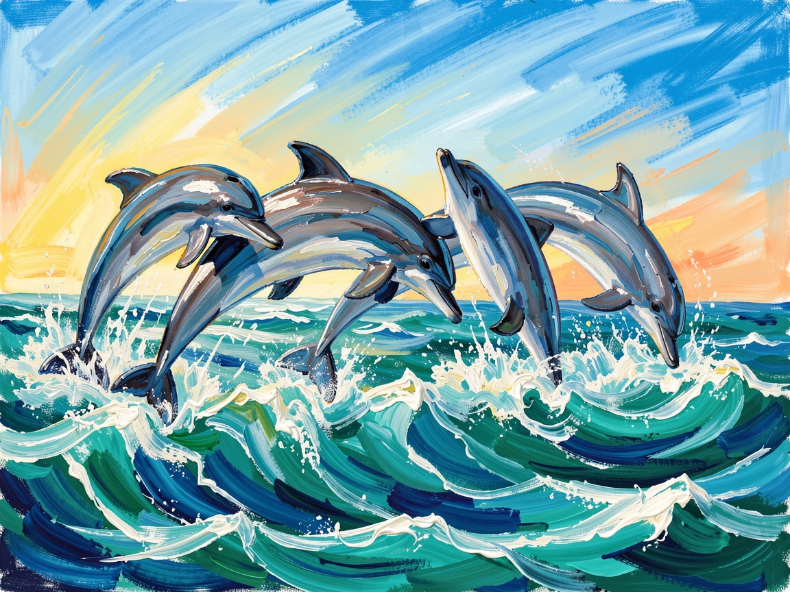A pod of dolphins leaping through turquoise waves beneath a bright morning sky.