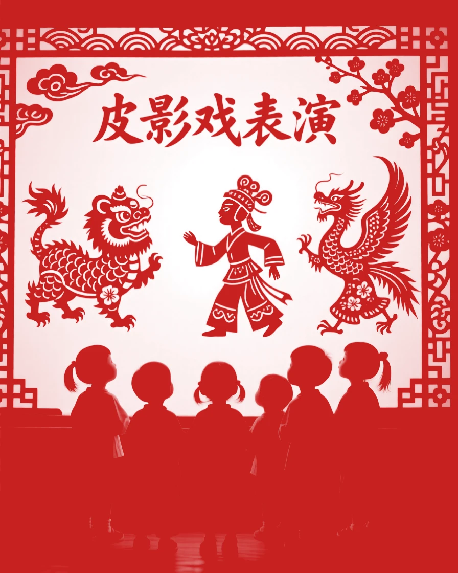 Children gathered to watch a shadow puppet performance behind a lit paper screen, silhouettes dancing above them