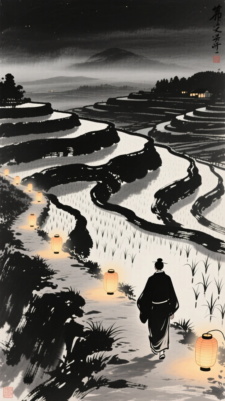 A calligrapher walking home along a lantern-lit path beside a terraced rice field, seen from behind, gazing out toward the horizon, evoking warmth, simplicity, and quiet dignity.