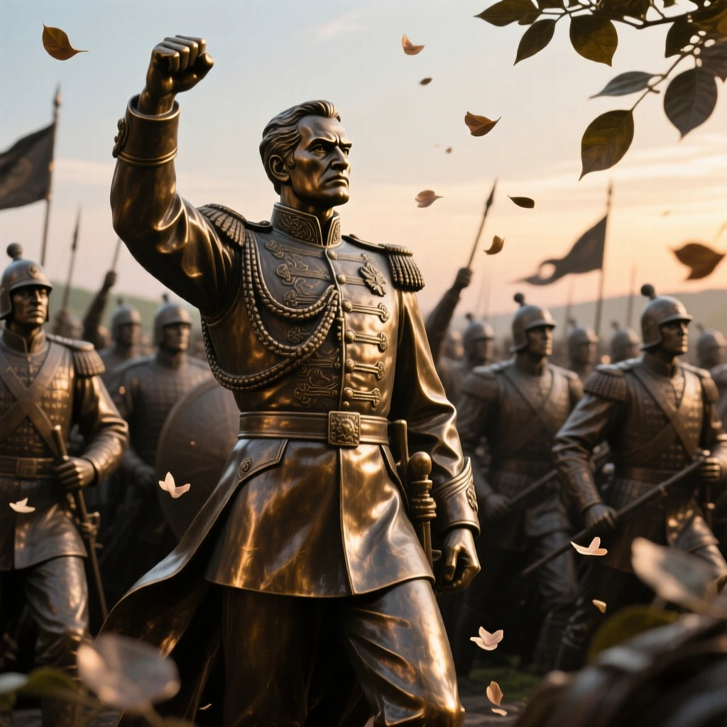 A general rallying his troops before dawn, surrounded by falling petals or leaves, forming a strong central focal point