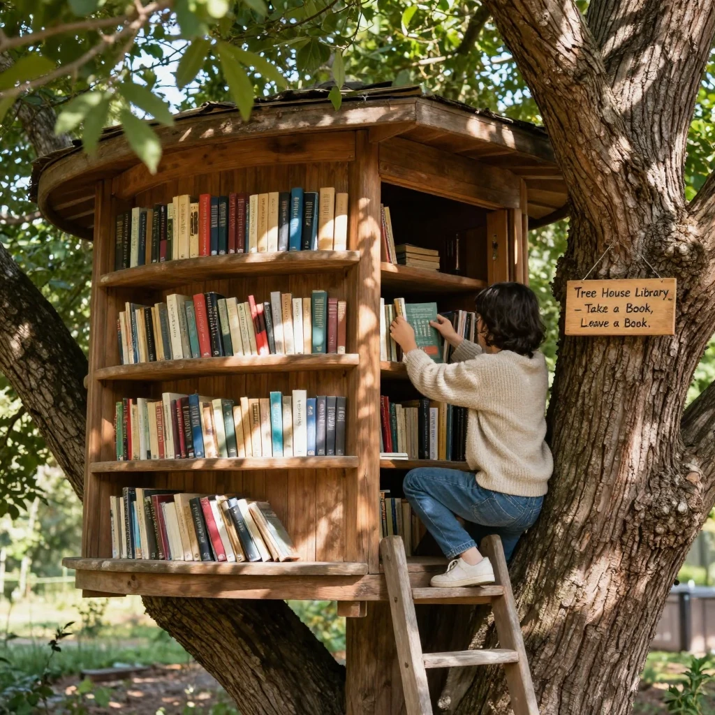 A tree house library holds shelves of books wrapped around a massive trunk.