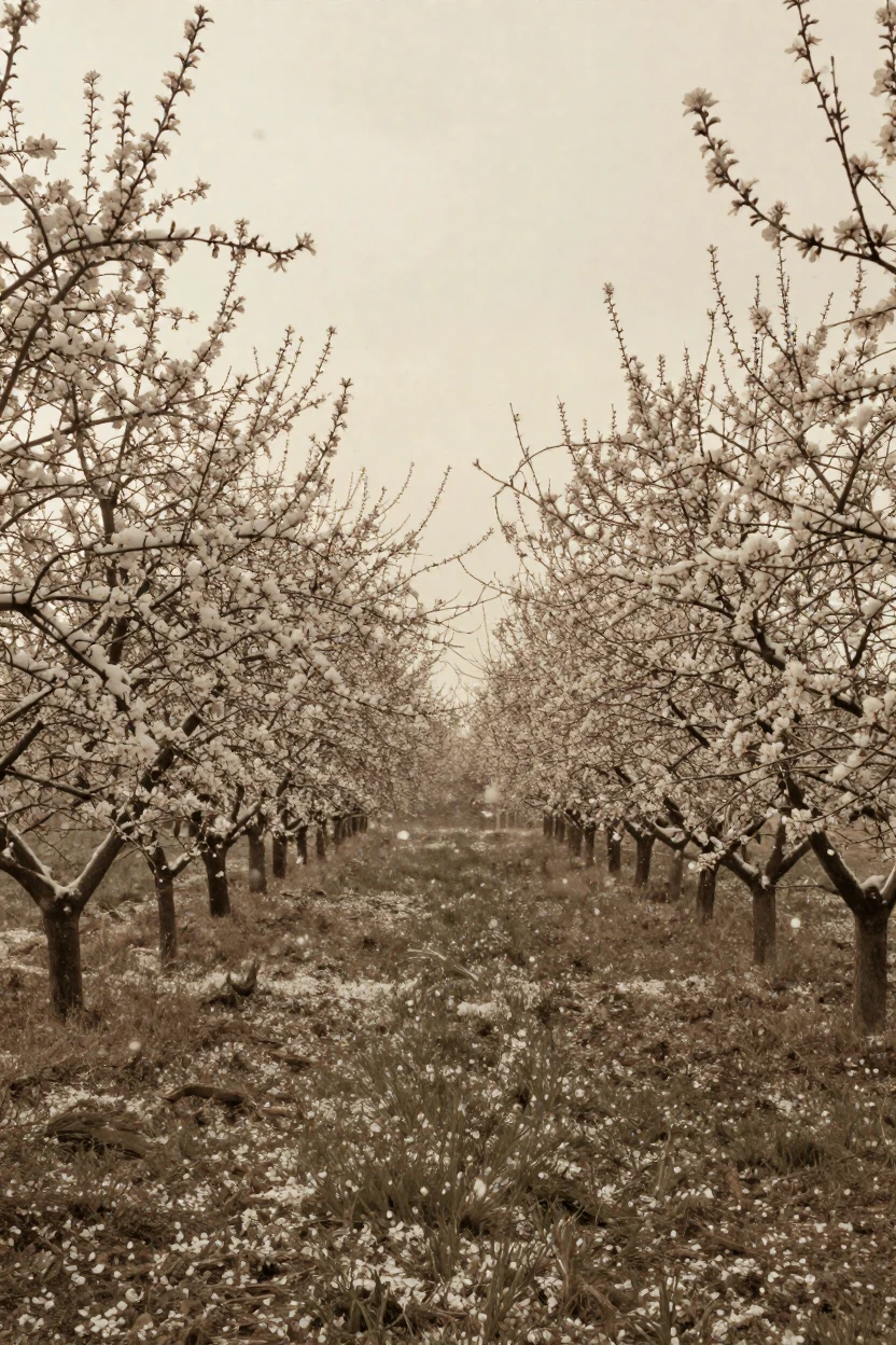 A blossoming orchard with petals drifting on a soft breeze, in the pale light just before sunrise, amid gently falling snow, in early spring, with a soft sepia-tinted glow, at eye level, intimate and direct.