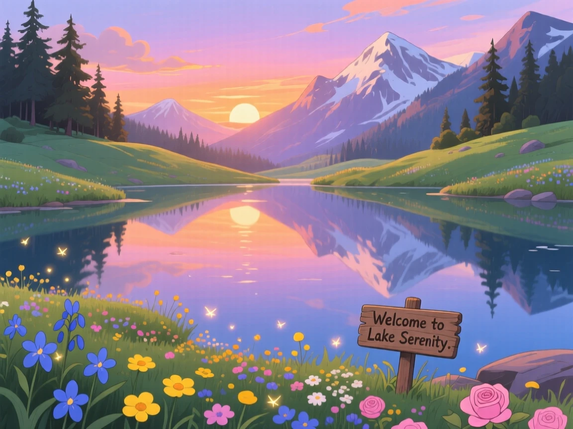 A breathtaking view of a mirror-still alpine lake, with wildflowers swaying gently in the breeze, at dusk, framed with a wide panoramic view.