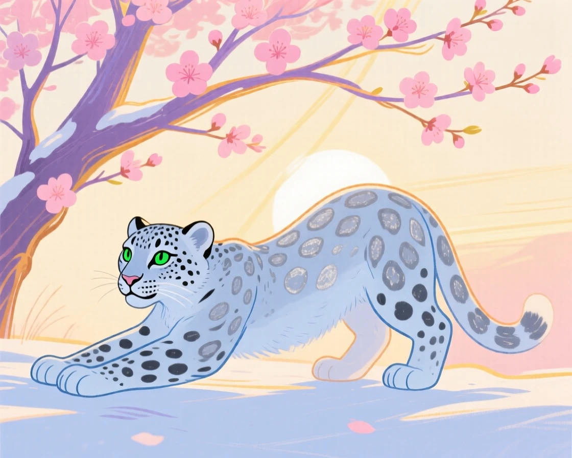 A snow leopard cub stretching in the morning light under a blossoming tree at sunset.