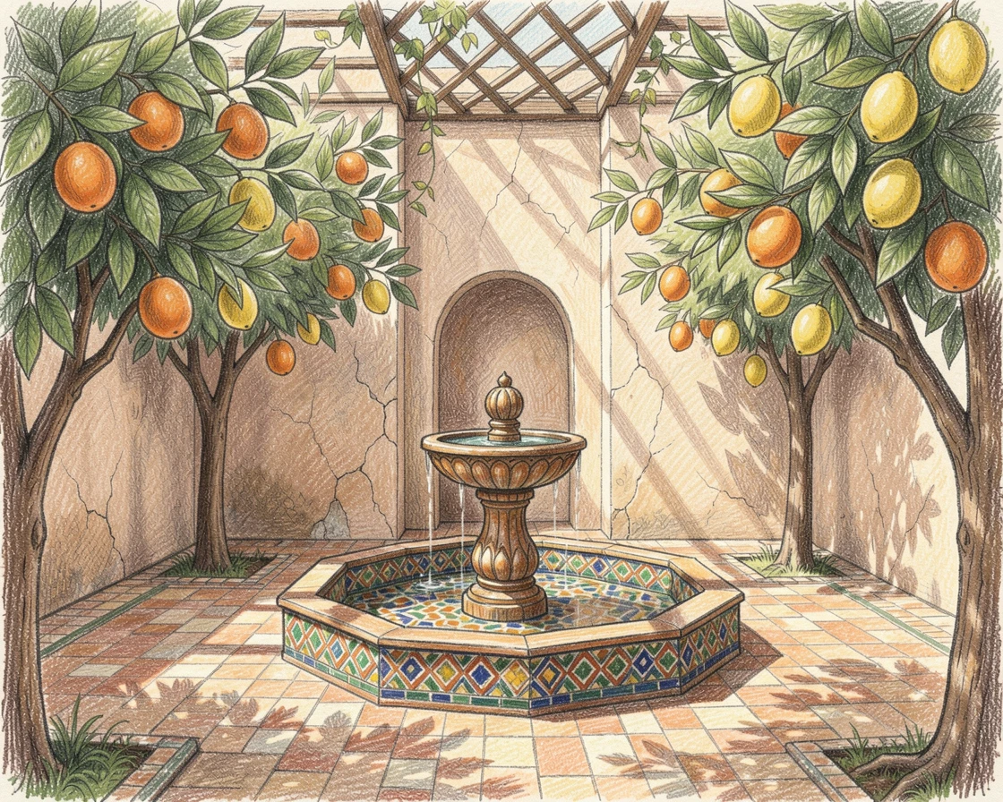 A Moroccan riad courtyard with a tiled fountain and citrus trees, framed thoughtfully to draw the eye toward the central subject, evoking nostalgia and a deep sense of contentment.