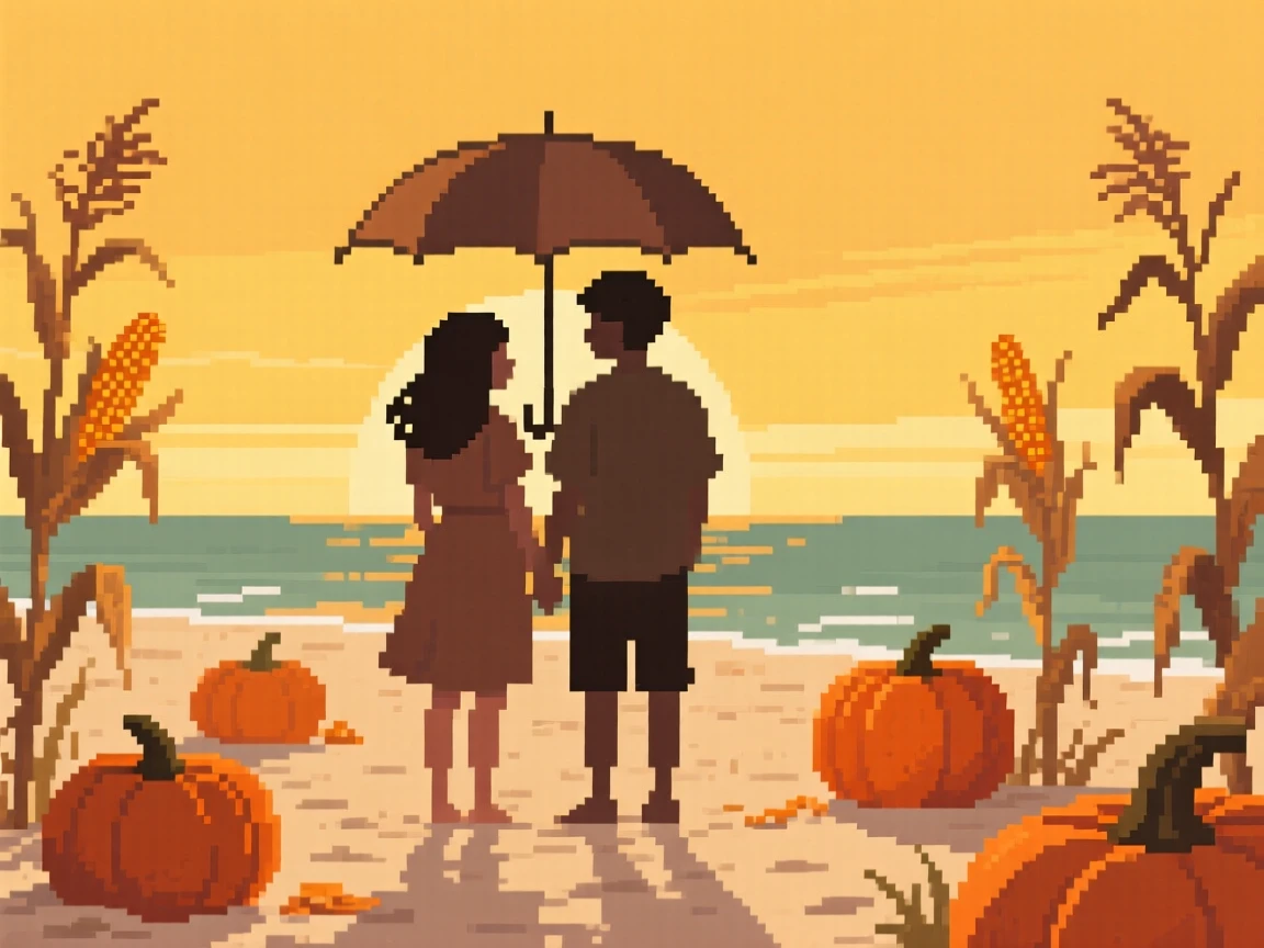 A couple sharing an umbrella surrounded by pumpkins and dried corn stalks, on a sandy beach during a golden summer sunset.
