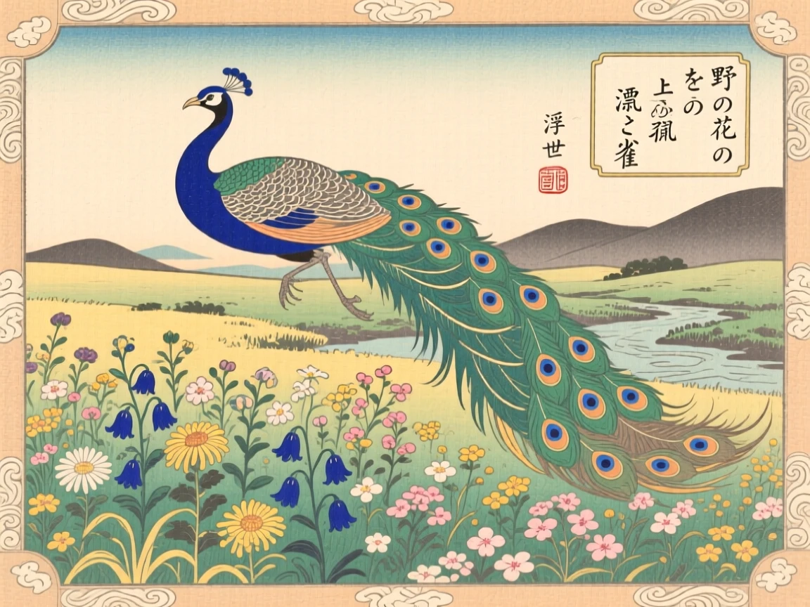 A peacock drifting above a field of wildflowers.