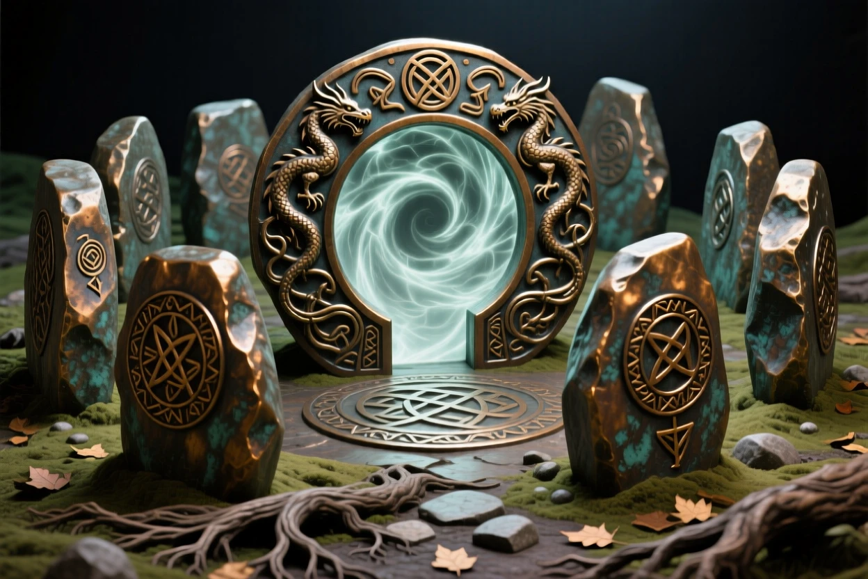 A portal opening within an ancient stone circle, with intricate, fantastical detail throughout, transporting the viewer to another world