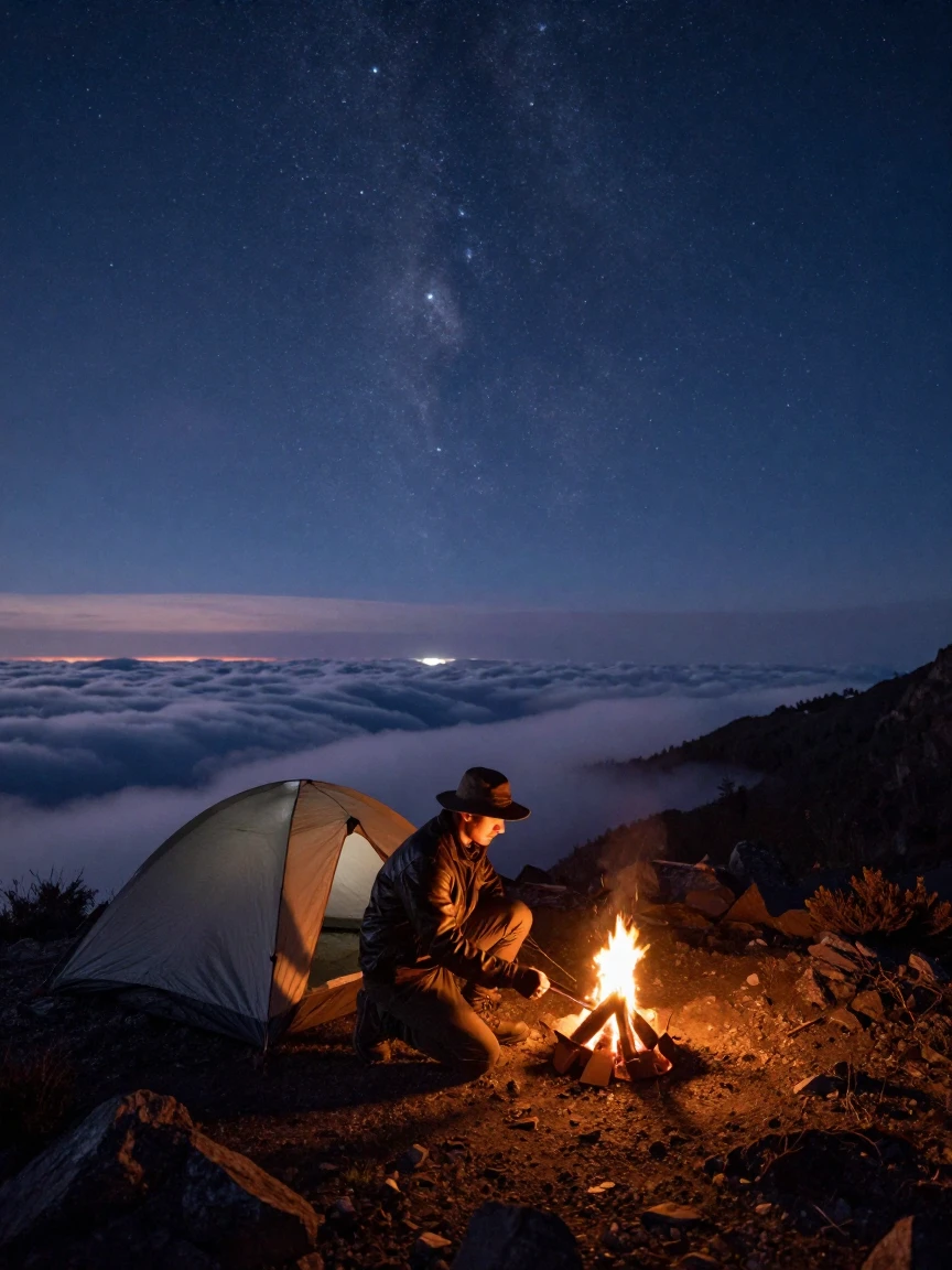 An explorer setting up camp beneath a blanket of stars above a sea of rolling clouds
