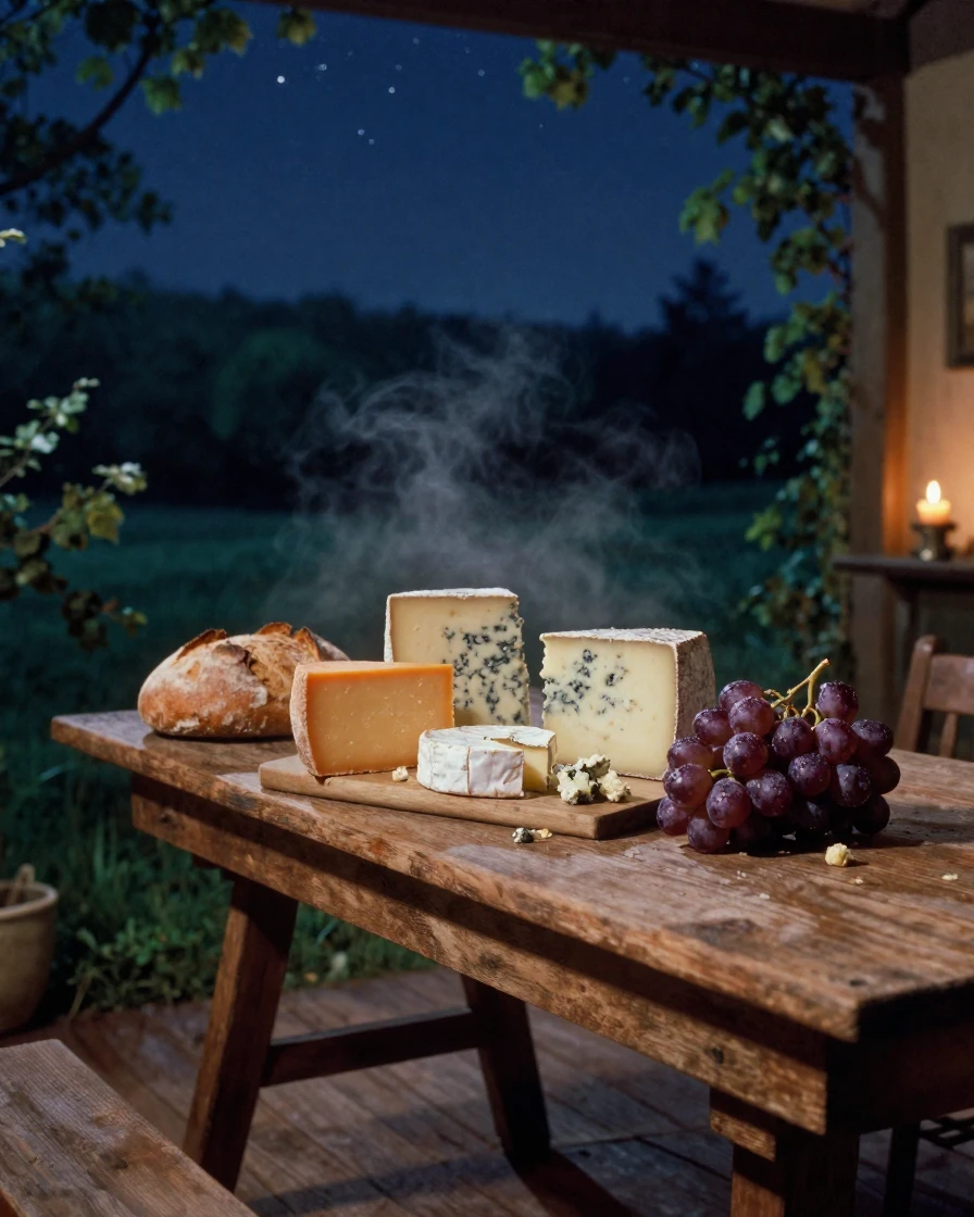 A rustic table spread with cheese, bread, and ripe grapes, under a canopy of stars, as mist rises off the ground, in early spring, with deep emerald greens and browns, viewed from across the room.