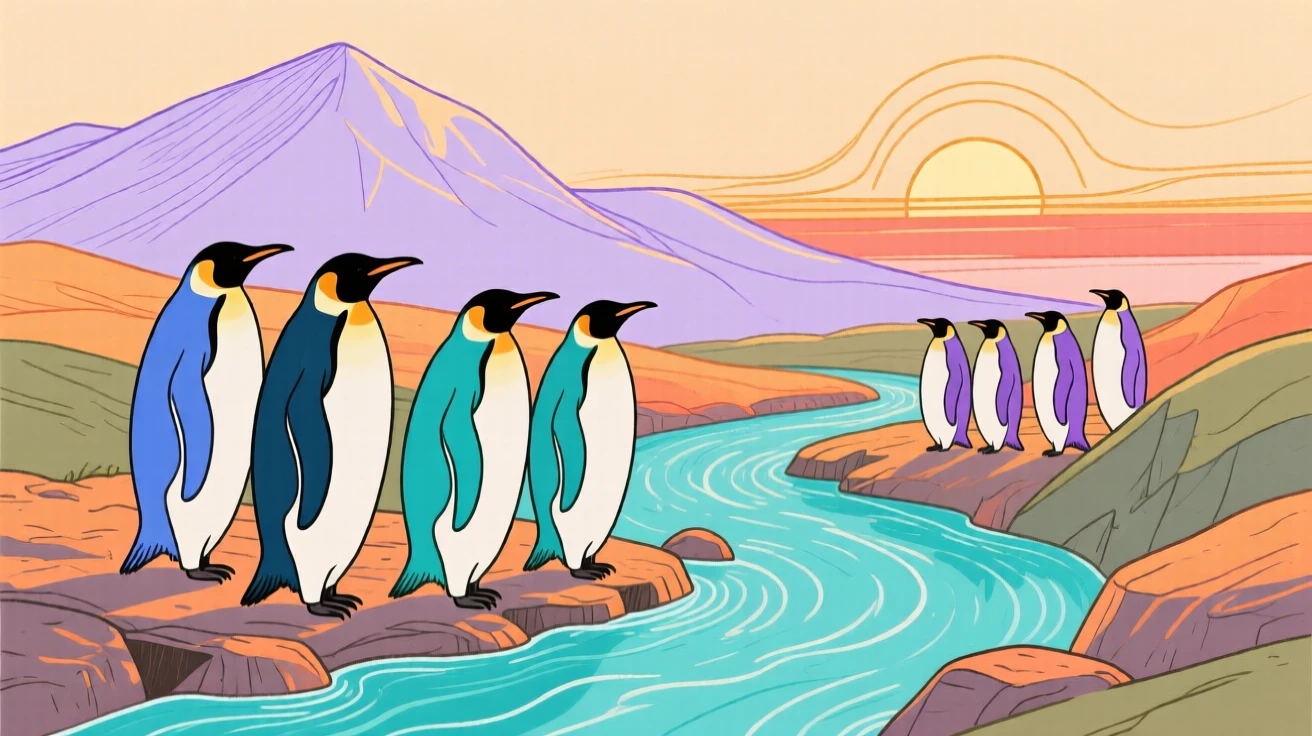 A group of penguins watching the horizon beside a mountain stream at sunset.