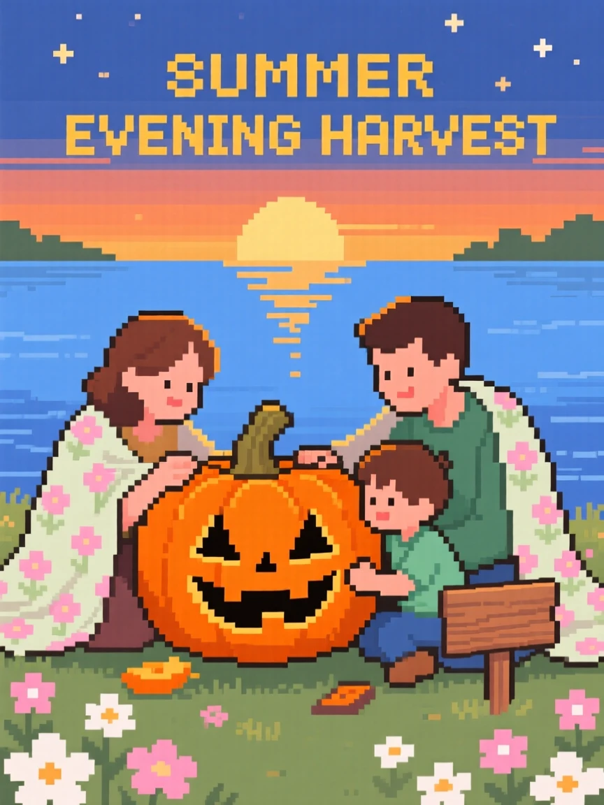 A family carving a pumpkin covered in a blanket of fresh spring blossoms, beside a lake during a warm summer evening.