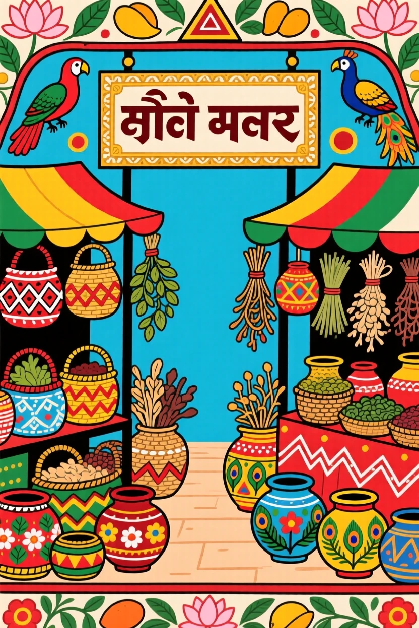 A market filled with woven baskets, painted pottery, and dried herbs.