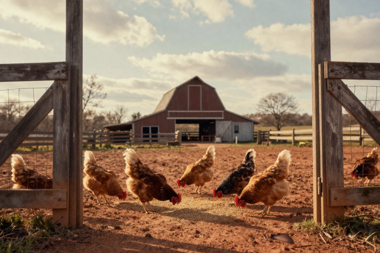 Chickens pecking at grain scattered across a farmyard, under soft golden-hour light, under scattered clouds, in early spring, in earthy terracotta and ochre shades, framed through an open doorway.