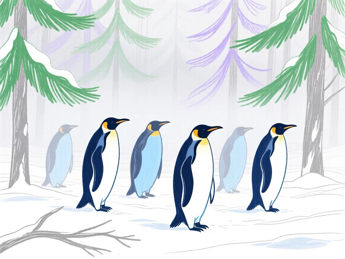 A group of penguins wandering in a snowy pine forest as fog rolls in.