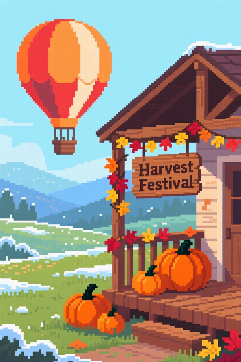A hot air balloon over a spring valley dusted lightly with the season's first frost, on a porch decorated for a harvest festival.