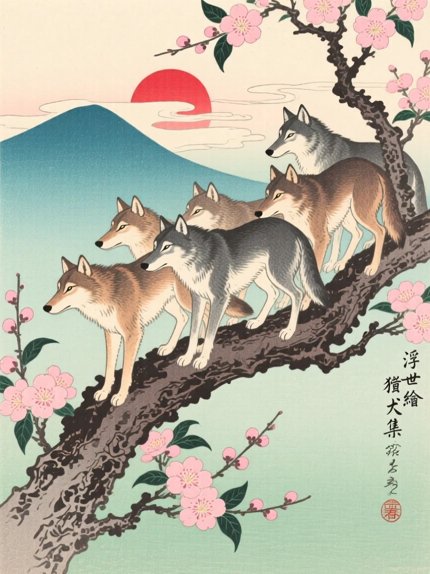 A pack of wolves gathered on a blossoming plum branch.