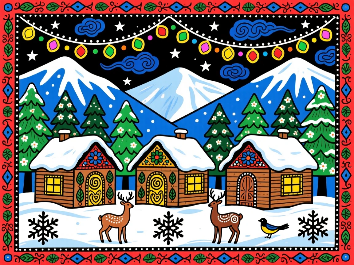 A snow-capped alpine village glowing beneath strings of winter lights.