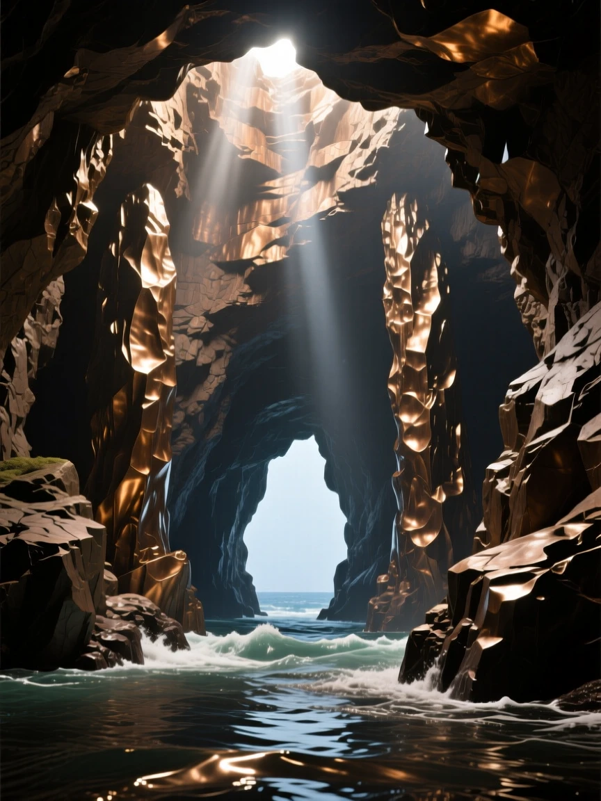 A dramatic sea cave illuminated by shafts of sunlight, capturing a powerful sense of scale and grandeur, offering a breathtaking sense of place