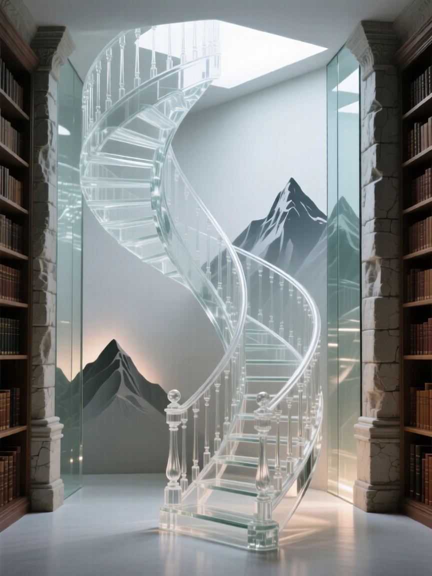 A grand staircase spiraling upward inside an old library with mountains rising steeply behind the old stone walls