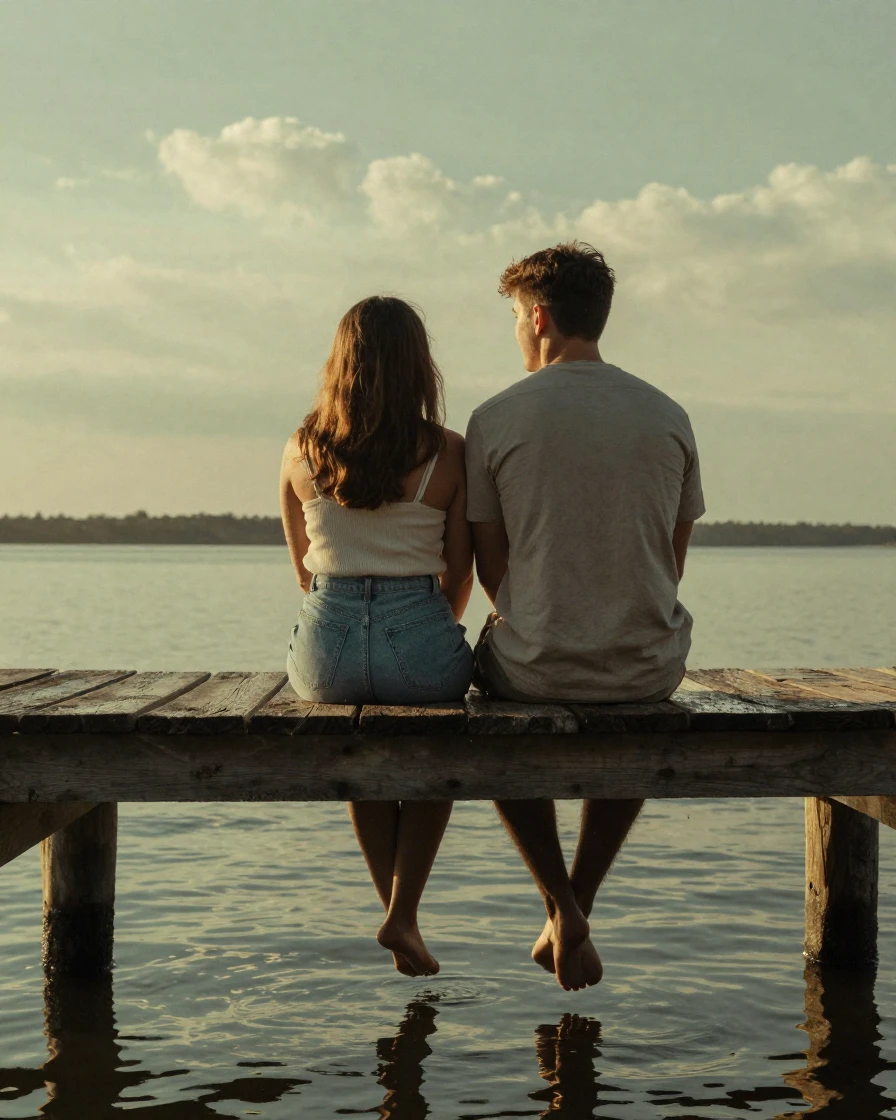 Young lovers sitting on a pier with their feet dangling over the water, in warm morning light, just after a rain shower, with puddles reflecting the sky, during the long days of summer, with muted olive and rust colors, from behind, looking toward the horizon.