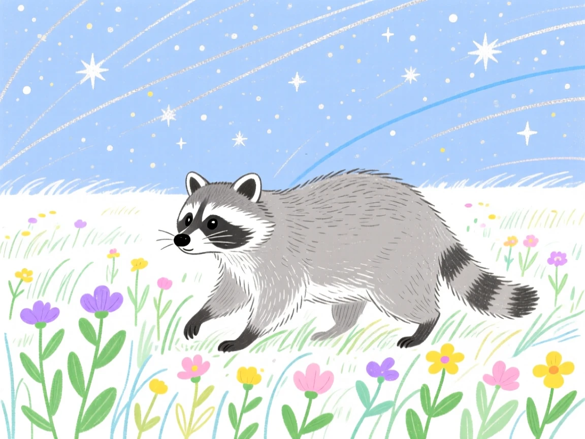 A curious raccoon wandering near a wildflower field under a clear starry sky.