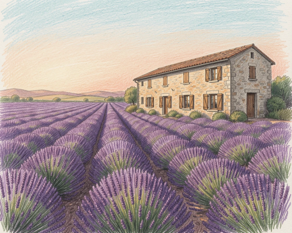 A Provence lavender field leading to a rustic stone farmhouse, bathed in the warm glow of golden-hour light, celebrating a moment people would love to revisit.