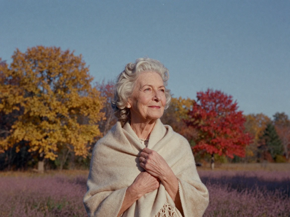 An elderly woman with silver hair wrapped in a wool shawl, smiling gently, under a canopy of stars, on a clear, cloudless day, as autumn leaves turn gold and red, in dusty lavender and rose tones, from a wide establishing view.