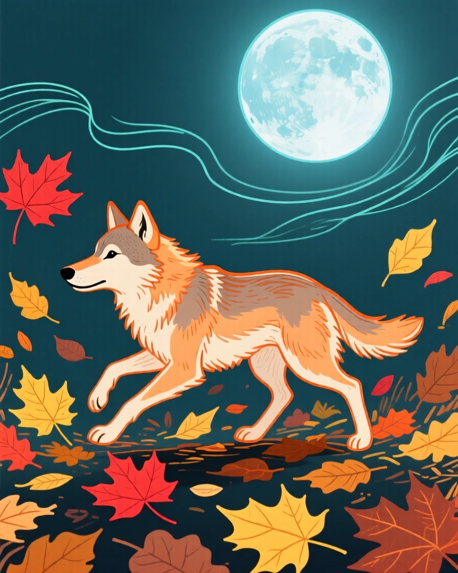 A young wolf playing among autumn leaves under a full moon.