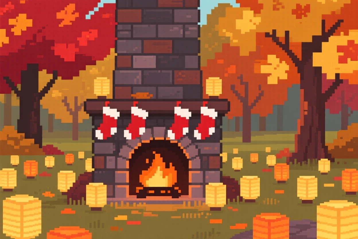 A fireplace stocked with stockings lit by dozens of small paper lanterns, in a park during peak autumn color.