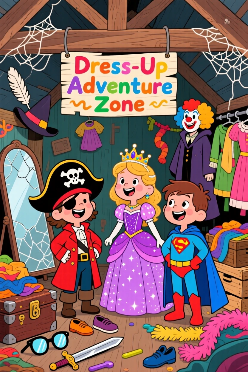 Children playing dress-up in an attic full of old costumes.
