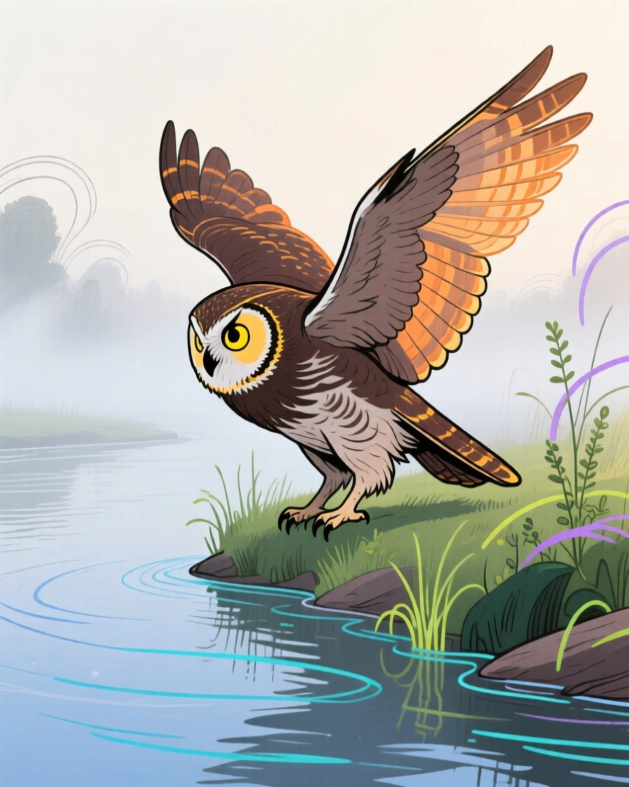 A wise old owl stretching in the morning light along a quiet riverbank as fog rolls in.