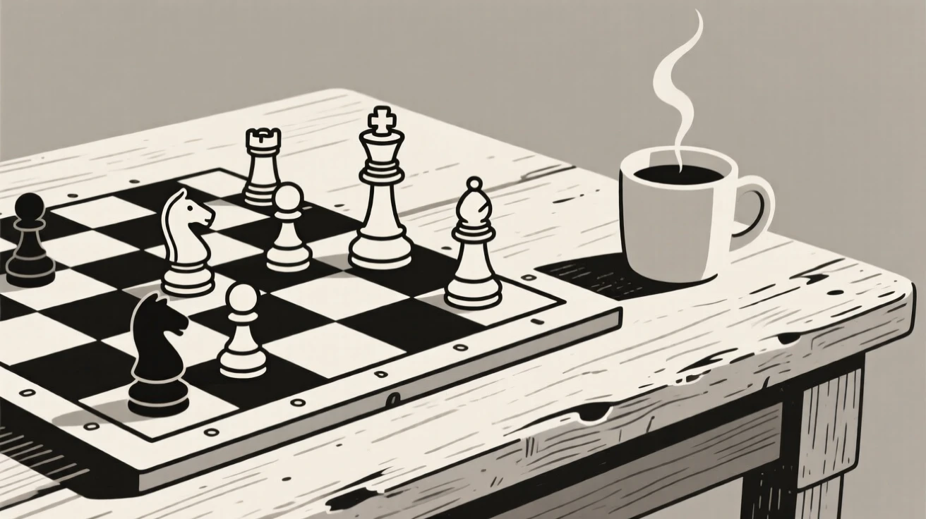 A close-up study of a chess set mid-game placed beside a cup of coffee on a weathered wooden desk, full of gentle sentimentality.