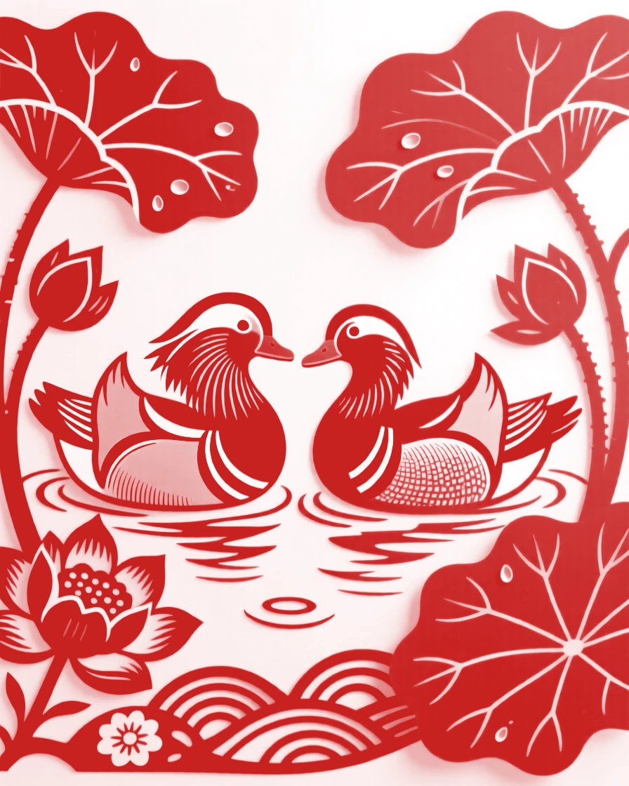 A pair of mandarin ducks swimming side by side among lotus leaves, symbolizing eternal love and companionship