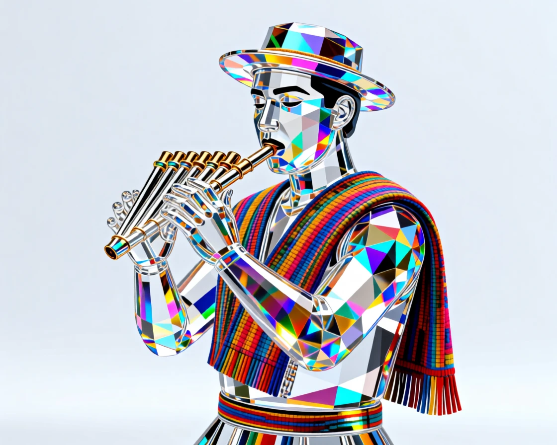 A traditional Andean panpipe musician performing in colorful woven textiles.