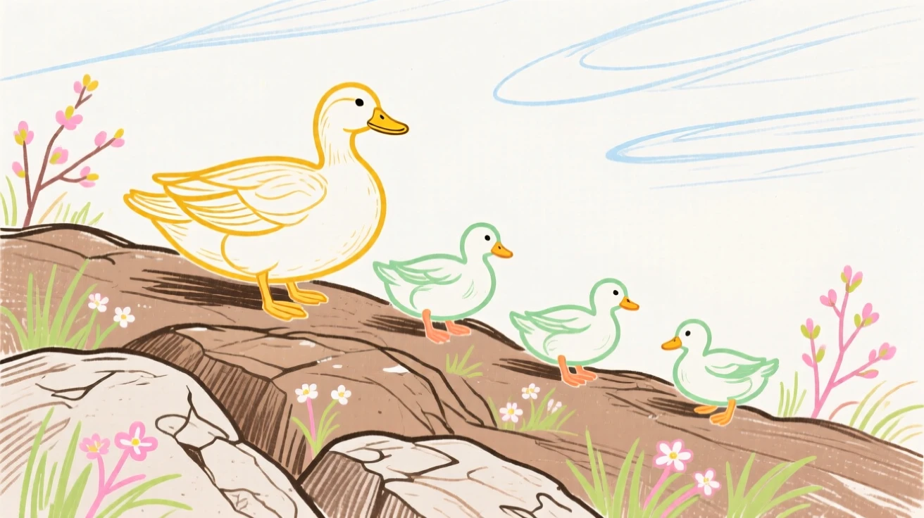 A family of ducks grazing on a rocky hillside in early spring.