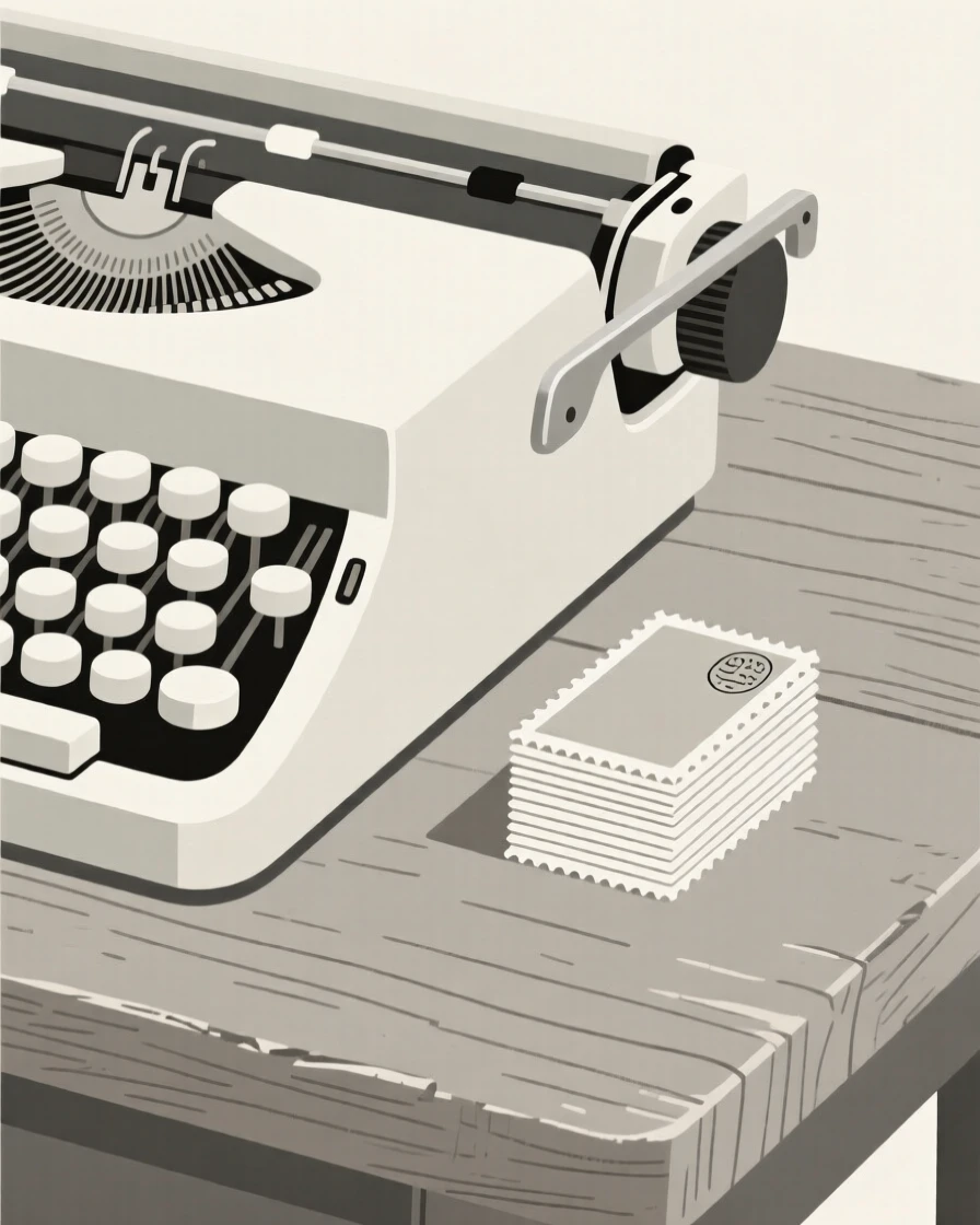 A close-up study of a vintage typewriter placed beside a stack of postage stamps on a weathered wooden desk, full of calm order.