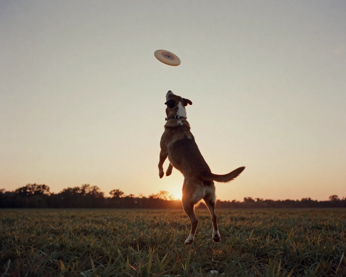 A dog joyfully leaping to catch a frisbee midair, under a glowing sunset sky, on a clear, cloudless day, as summer fades into fall, with muted olive and rust colors, from behind, looking toward the horizon.