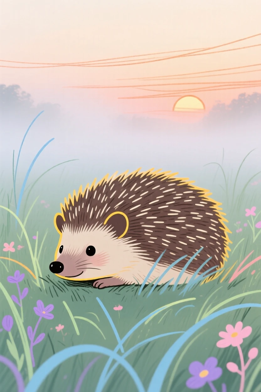 A small hedgehog resting in a misty morning field at sunset.