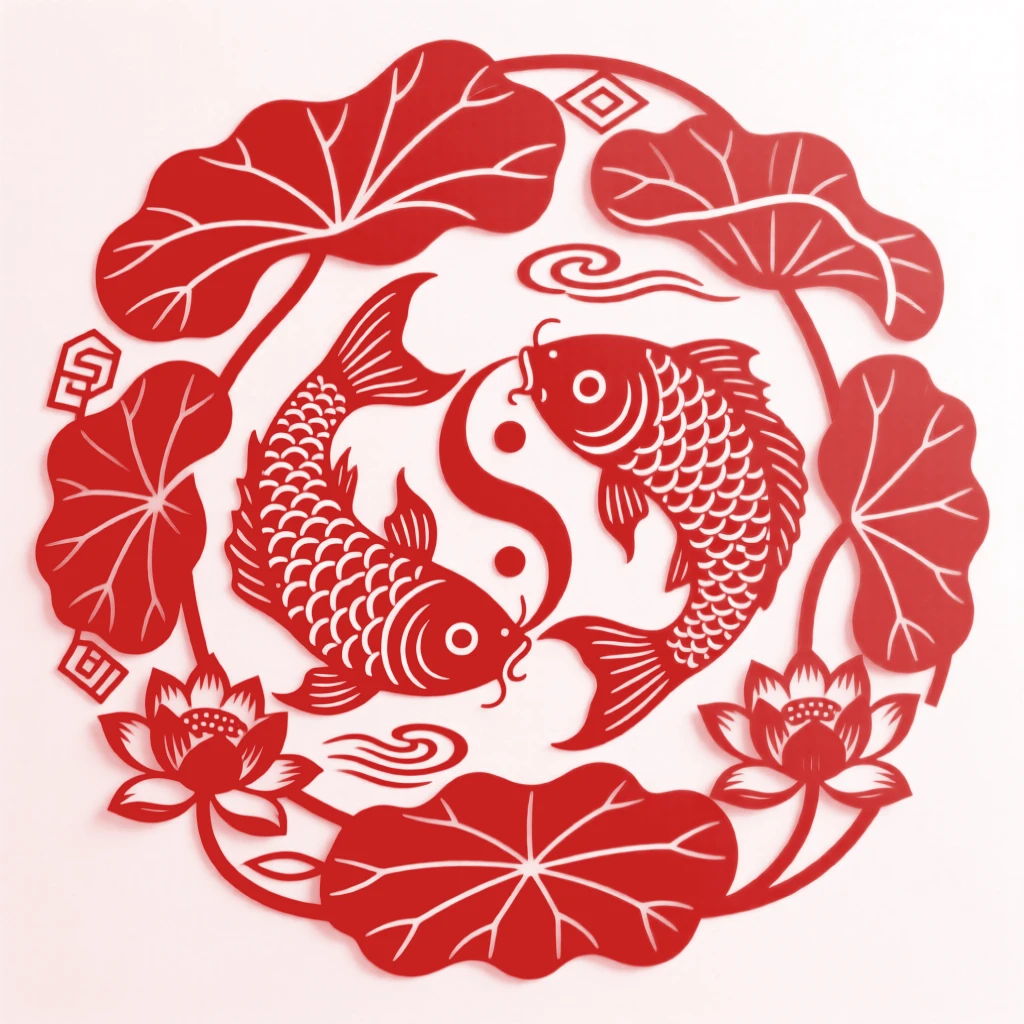 A pair of intertwined fish swimming through lotus leaves, forming a perfect circular composition