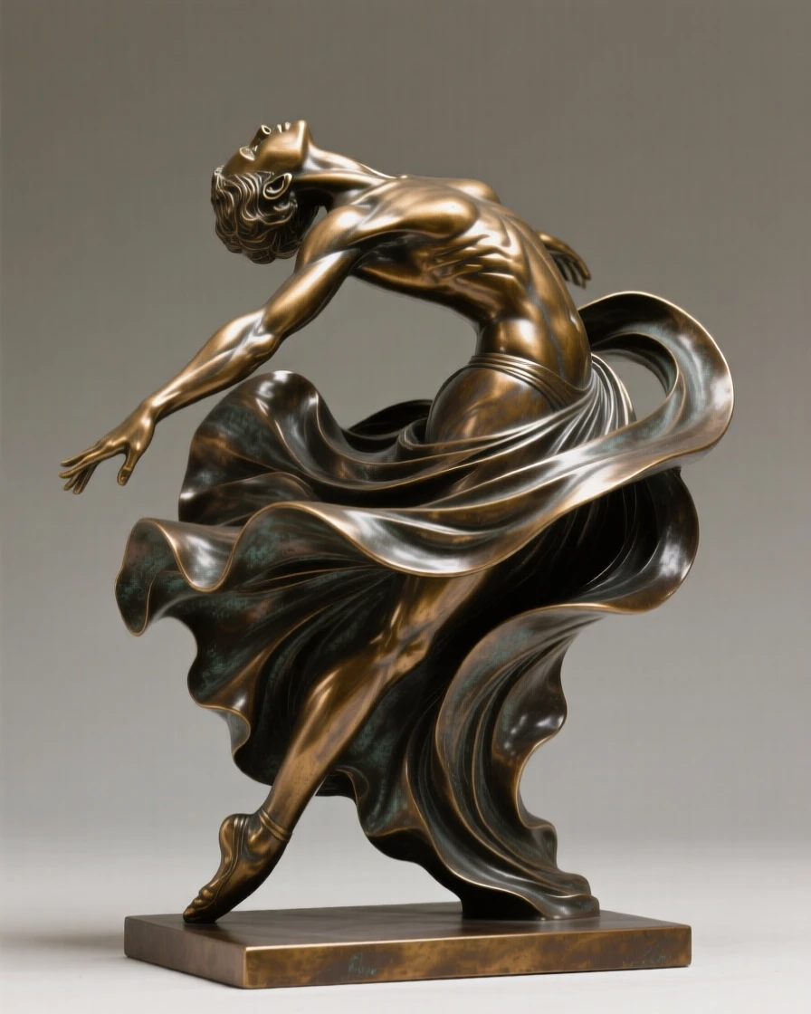 A dancer arching backward in a dramatic pose, surrounded by swirling fabric and motion, forming a strong central focal point