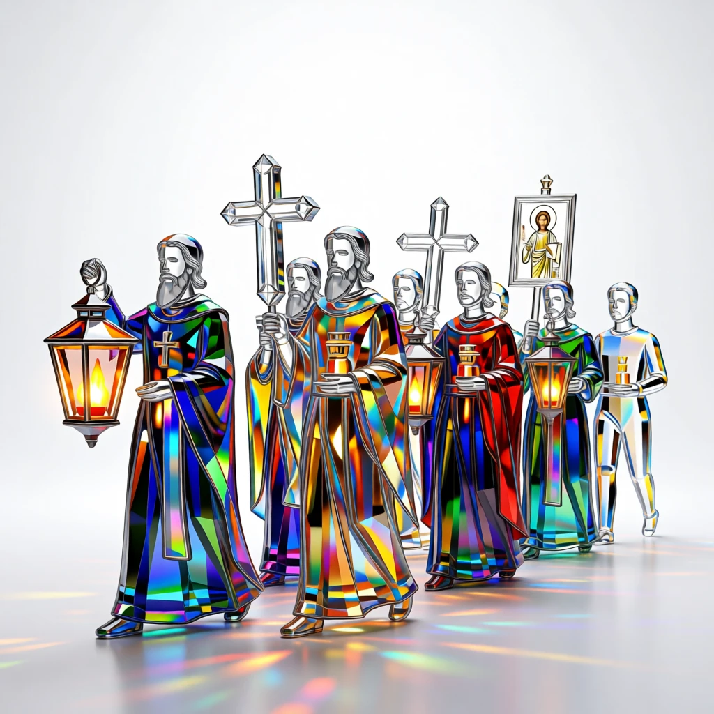 A traditional Greek Orthodox Easter procession with candlelit lanterns at midnight.