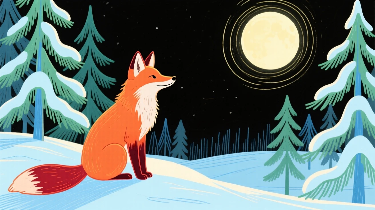 A curious fox watching the horizon in a snowy pine forest under a full moon.