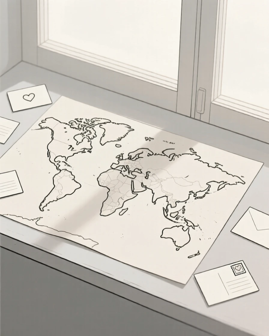 A hand-drawn world map resting on a windowsill in soft light, surrounded by scattered postcards, evoking gentle sentimentality.