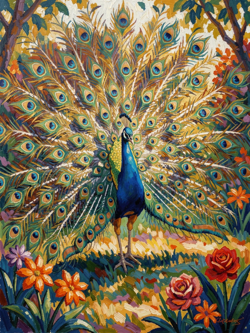 A peacock displaying its full tail of iridescent feathers in a sunlit garden.
