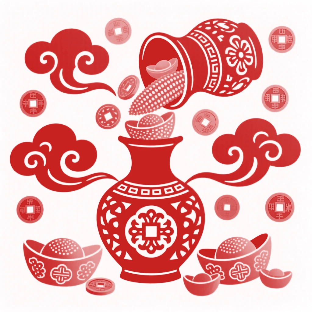 A cornucopia of gold ingots spilling from an overturned vase, coins scattered among auspicious clouds