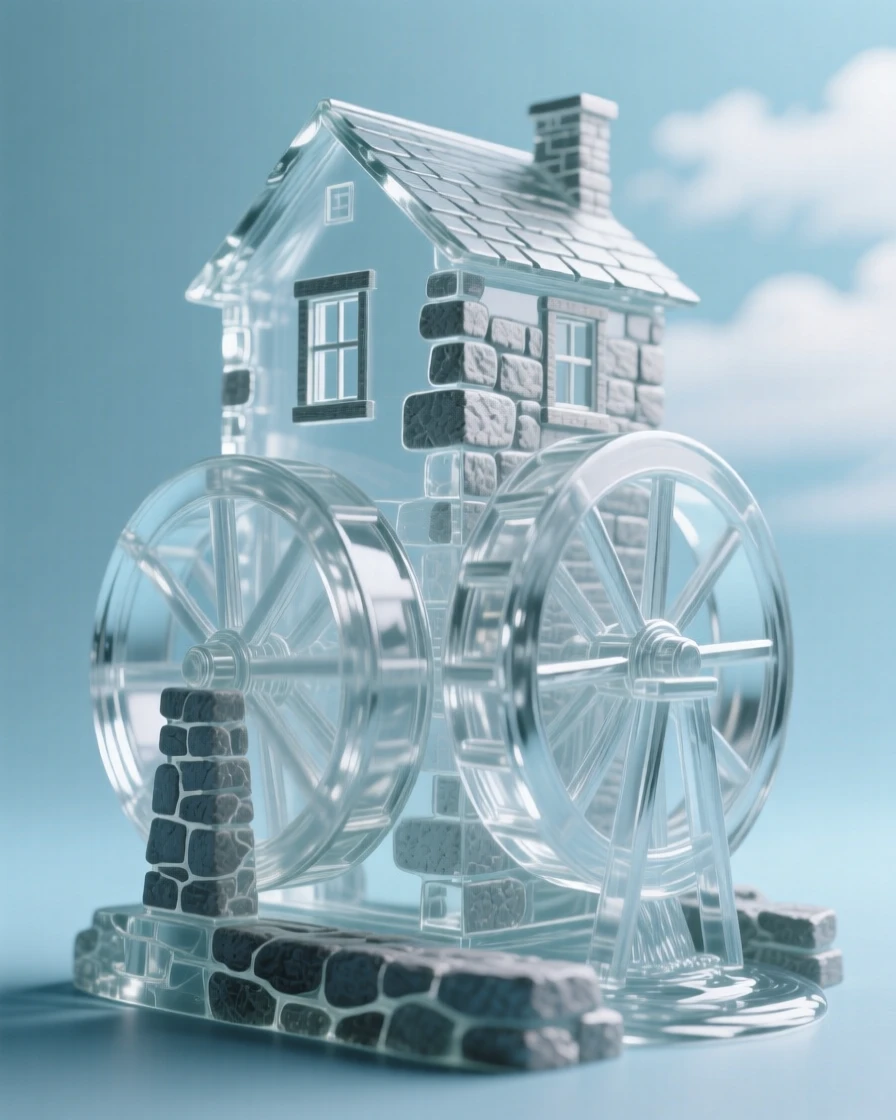 Beneath a sky filled with soft, drifting clouds, an old stone mill beside a slow-turning water wheel