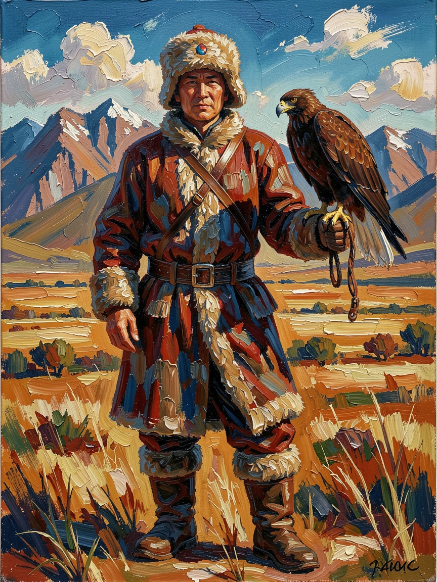 A striking portrait of a Mongolian eagle hunter, standing proudly against a backdrop of their homeland
