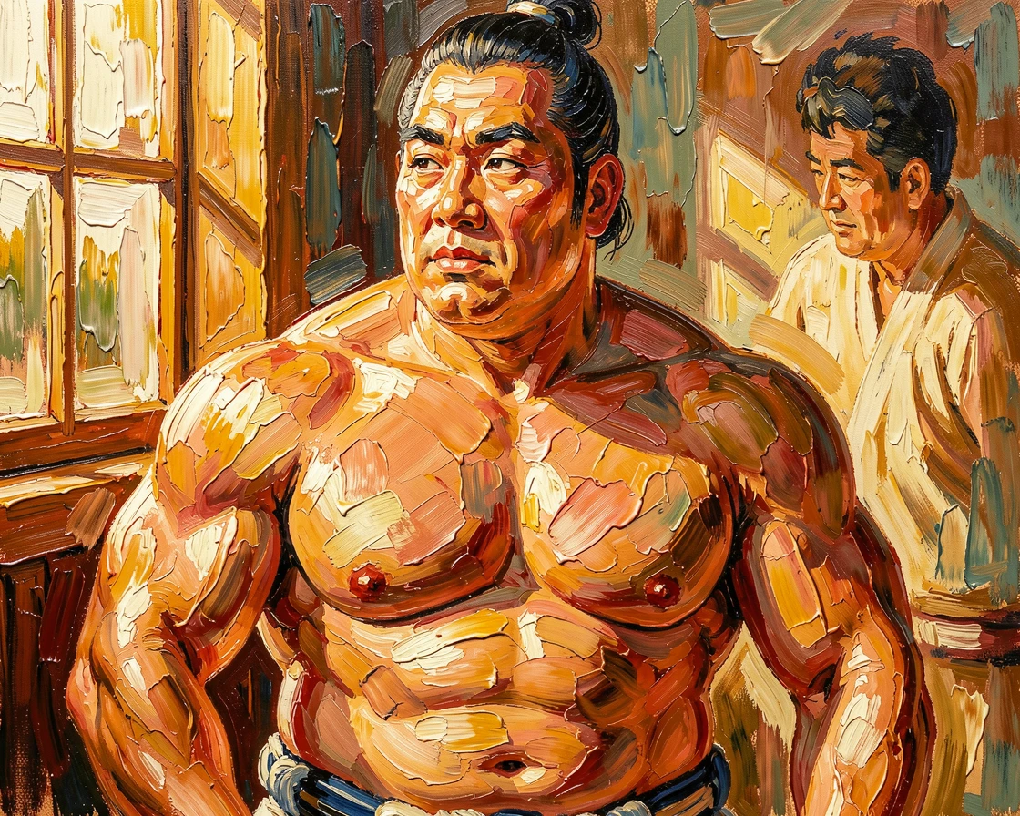 A striking portrait of a Japanese sumo wrestler, illuminated by soft golden window light, lost in quiet contemplation