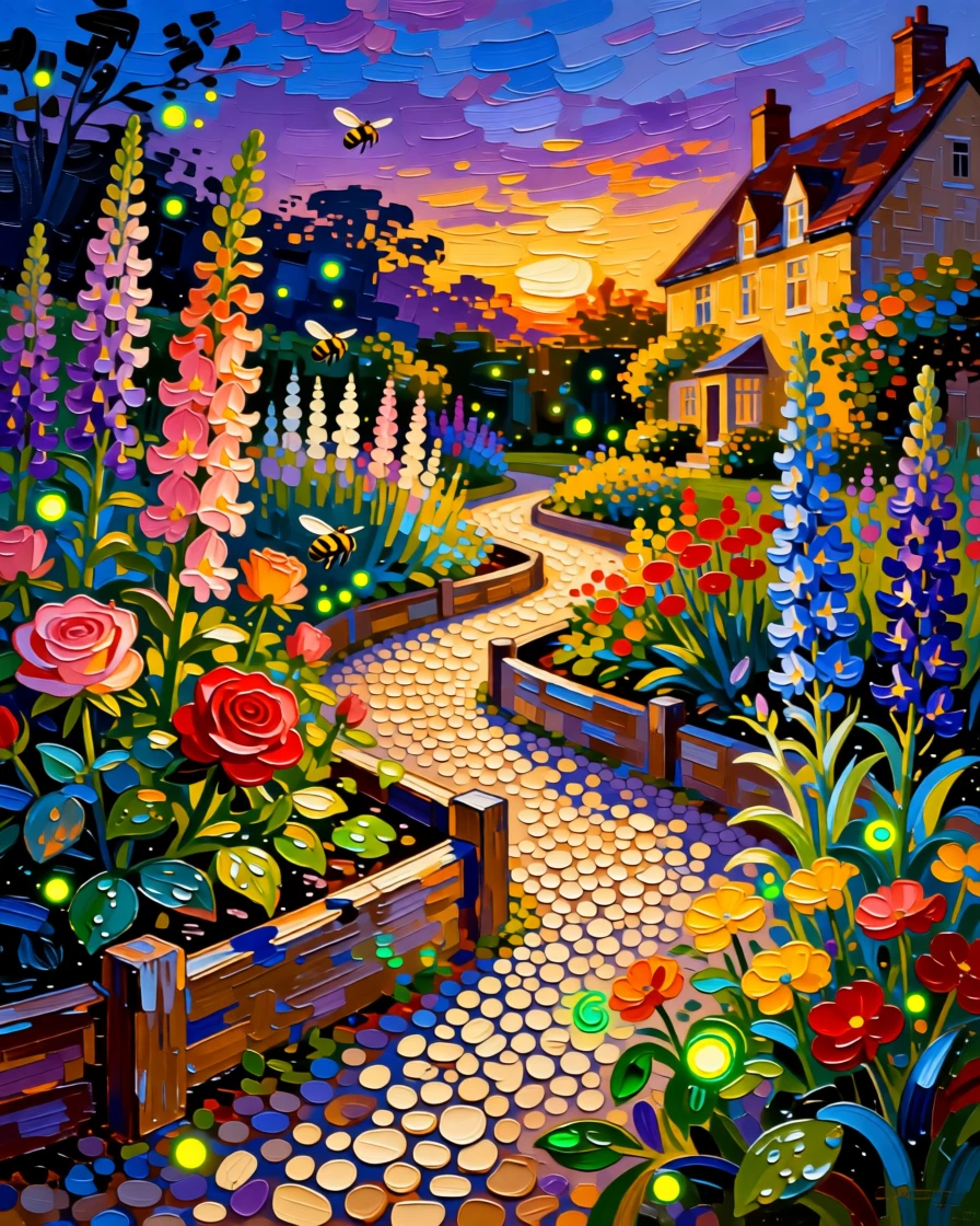 A sprawling English cottage garden in full bloom, bees drifting lazily from bloom to bloom, with a gravel path winding between raised flower beds, at dusk, fireflies beginning to flicker among the blossoms.